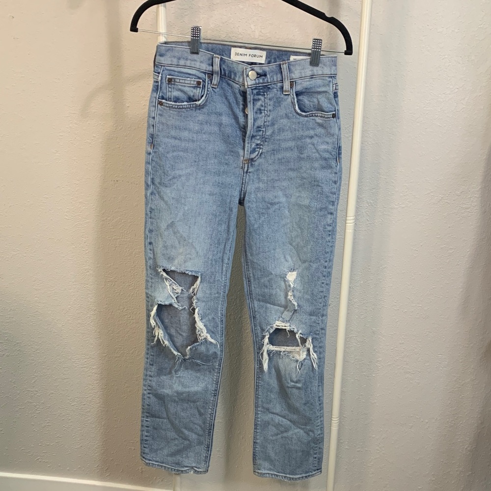 Denim Forum Women's High Rise‎ Ripped Light Blue Jeans